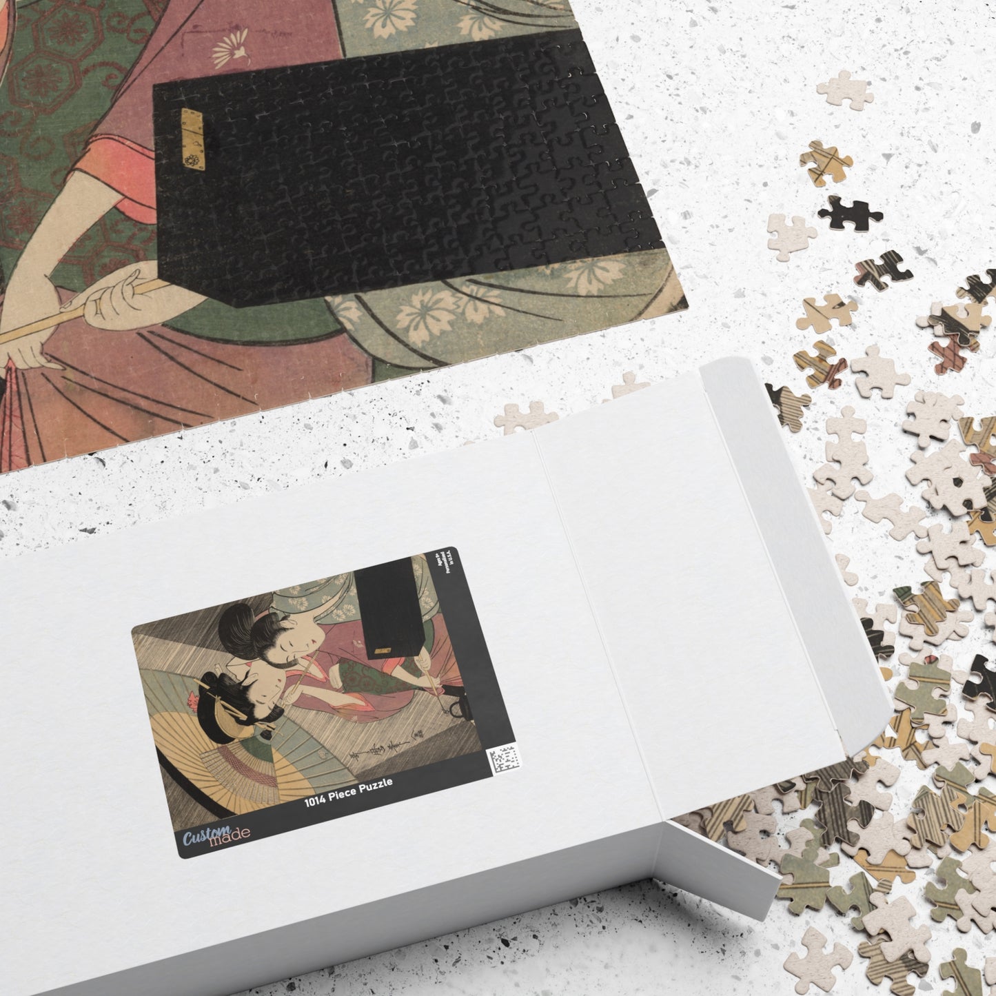 Ukiyo-e Jigsaw Puzzle (1014-piece): “Geisha and Attendant on a Rainy Night” by Kitagawa Utamaro | Edo Bijin-ga / Umbrella & Kimono Beauty Art