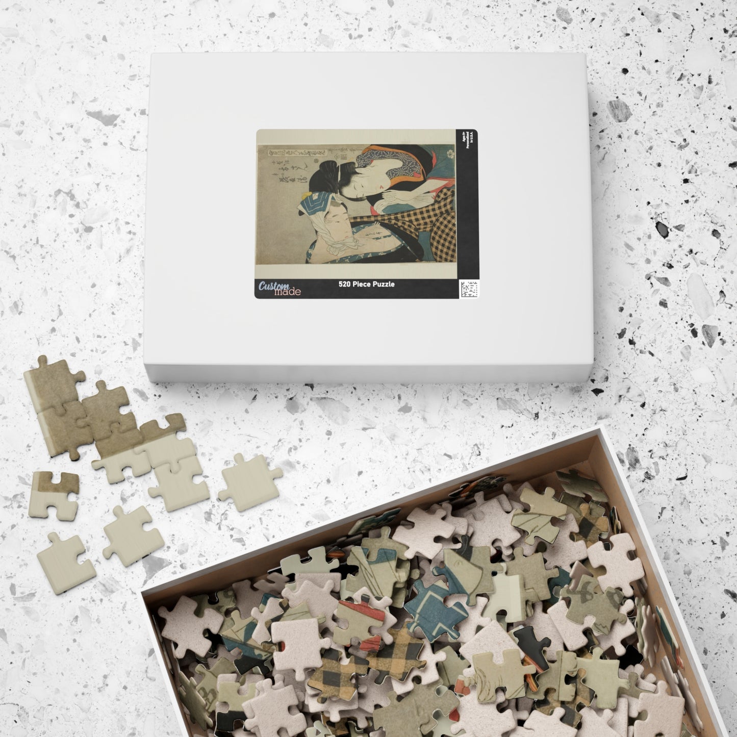 Ukiyo-e Jigsaw Puzzle (252 / 520-piece): “A Test of Skill – The Headwaters of Amorousness (Irozato Misuji no Yomogizu)” by Kitagawa Utamaro | Edo Romantic Bijin-ga