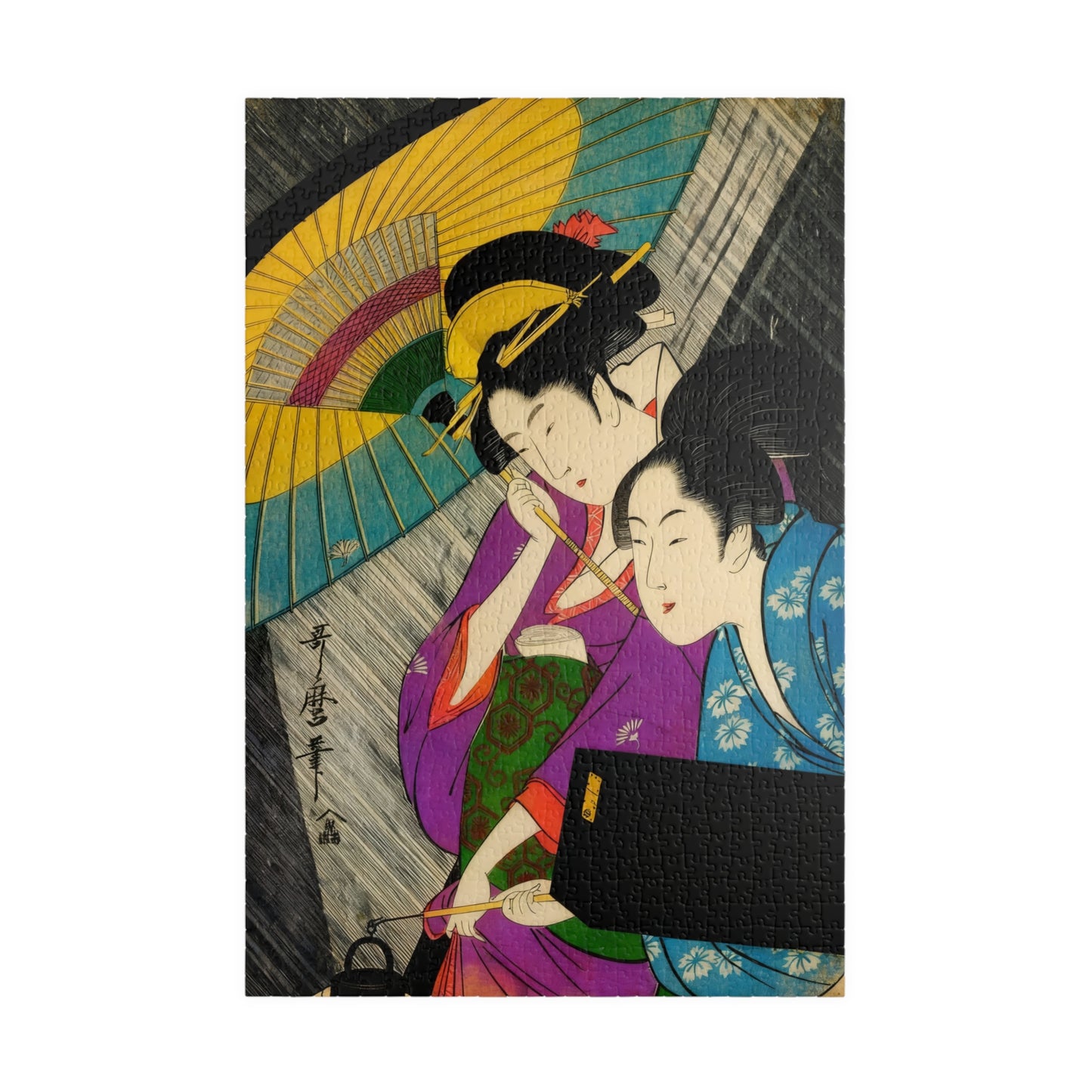 Utamaro Ukiyo-e Puzzle 1014 Piece, Background Variation, Japanese Edo Art | Geisha and Attendant on a Rainy Night