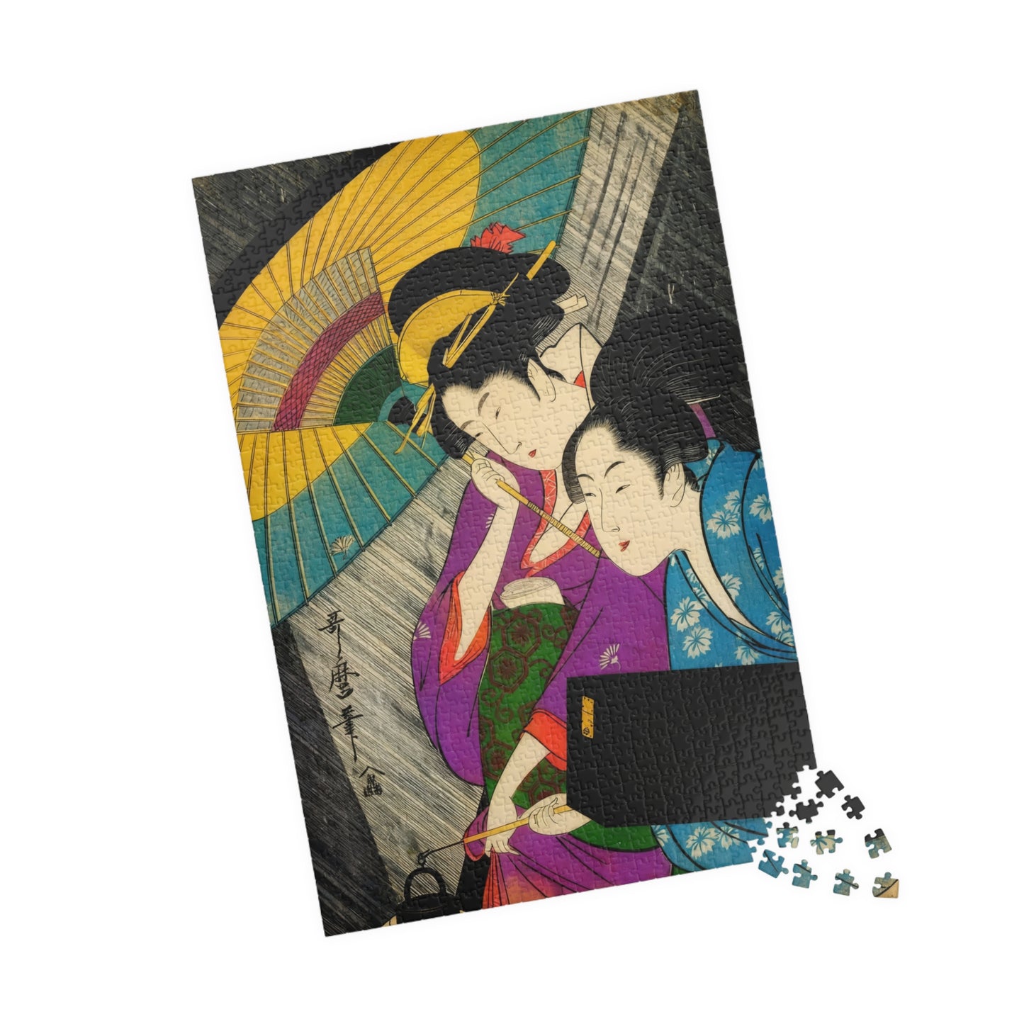 Utamaro Ukiyo-e Puzzle 1014 Piece, Background Variation, Japanese Edo Art | Geisha and Attendant on a Rainy Night