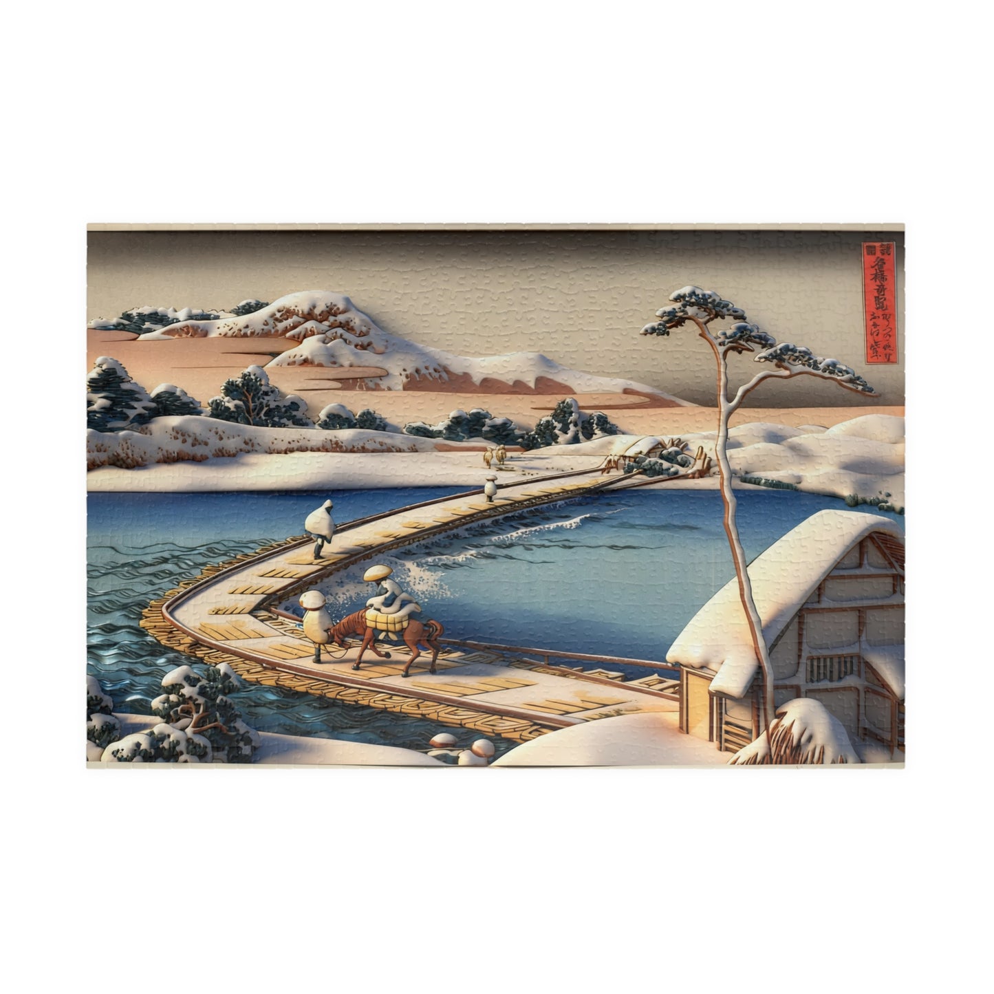 Hokusai 3D Ukiyo-e Puzzle 1014 Piece, Japanese Edo Art | Pontoon Bridge at Sano