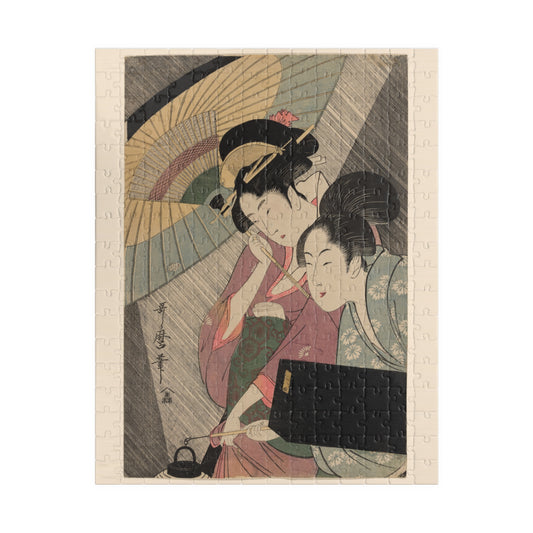 Ukiyo-e Jigsaw Puzzle (252 / 520-piece): “Geisha and Attendant on a Rainy Night” by Kitagawa Utamaro | Edo Bijin-ga / Umbrella & Kimono Beauty Art