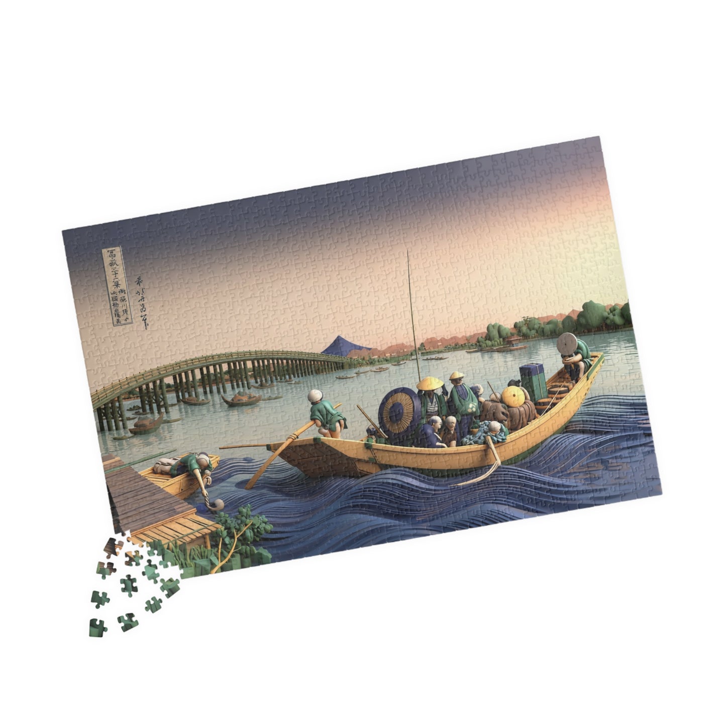 Hokusai 3D Ukiyo-e Puzzle 1014 Piece, Japanese Edo Art | Fuji from Ommayagashi at Twilight over Ryogoku